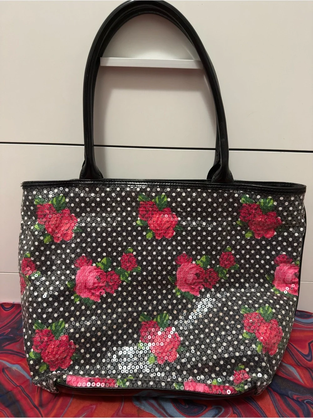 Vintage Betseyville Betsey Johnson Rose Polka Dot Sequin Tote Bag